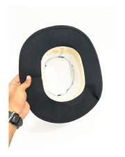 Black floppy cricket hat, inside view showing brim and inner band