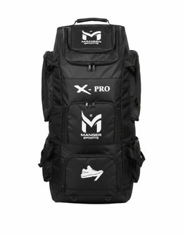 Manger X-Pro Elite Coffin Wheelie Bag kit bag with front pocket, sturdy handle, and large wheels for easy travel.