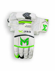 Green Manger X-Pro batting gloves with padded palms and adjustable wrist straps for comfortable cricket batting.