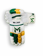 Manger Mr 360 Edition batting gloves in green and gold with padded palms and adjustable wrist straps.