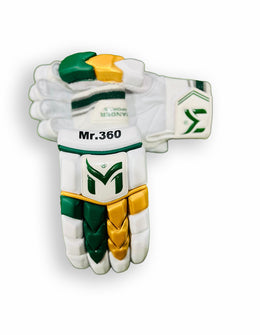 Manger Mr 360 Edition batting gloves in green and gold with padded palms and adjustable wrist straps.