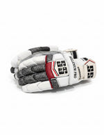 Grey SS batting gloves with padded palms and adjustable wrist straps for comfortable cricket batting protection