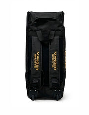 Black and gold Manger X-Pro Edition premium kit bag with sturdy handles and spacious compartments for travel and sports gear.