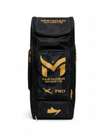 Black and gold Manger X-Pro Edition premium kit bag with sturdy handles and spacious compartments for travel or sports gear.
