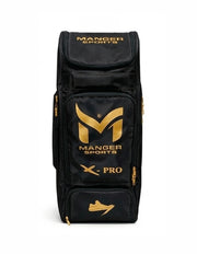 Black and gold Manger X-Pro Edition premium kit bag with sturdy handles and spacious compartments for travel or sports gear.