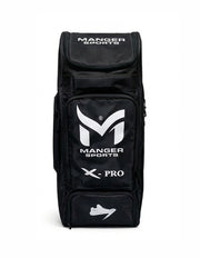 Manger X-Pro Edition premium black and white kit bag with front view, showcasing durable design and spacious storage for sports gear.