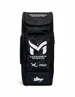 Manger X-Pro Edition premium black and white kit bag with front view, showcasing durable design and spacious storage for sports gear.