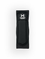 Black Manger elbow guard showing padded protective sleeve with adjustable straps for secure fit and comfortable support.