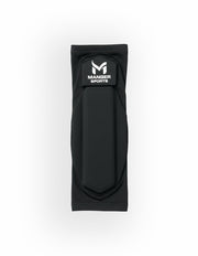 Black Manger elbow guard showing padded protective sleeve with adjustable straps for secure fit and comfortable support.
