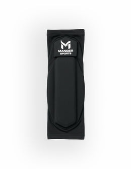 Black Manger elbow guard showing padded protective sleeve with adjustable straps for secure fit and comfortable support.