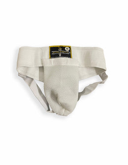 White protective jockstrap by Versus with supportive front pouch and adjustable waistband, designed for athletic protection.
