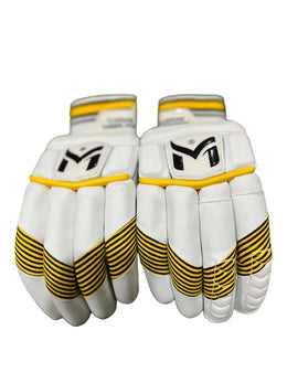 Yellow Manger Pro 99 batting gloves with padded palms and adjustable wrist strap for baseball or cricket batting.