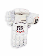 White SS batting gloves with padded palms and finger protection, designed for cricket batting comfort and grip.