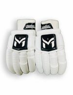 Manger Pro 89 Edition batting gloves in white, showing padded palms and finger protection for cricket players.