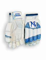 Nemo white and blue batting gloves with padded palms and adjustable wrist straps, designed for cricket or baseball players.