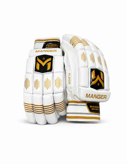 White and gold Manger batting gloves designed for beginners, featuring padded palms and adjustable wrist straps.