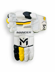 Manger Players Edition batting gloves in yellow and black with padded palms and adjustable wrist straps for cricket batting.