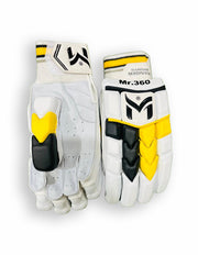 Manger Mr 360 Edition batting gloves in yellow and white, featuring protective padding and breathable fabric for cricket players.